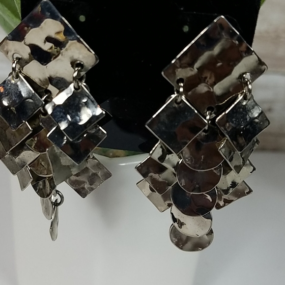 Fashion Jewelry Jewelry - Fashion earrings, Silver hammered,  shimmery triangles, boxed shape. Very shiny.